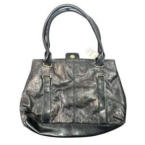 Meijer Black Metallic Distressed Faux Leather Tote Shoulder Bag Gold Hardware